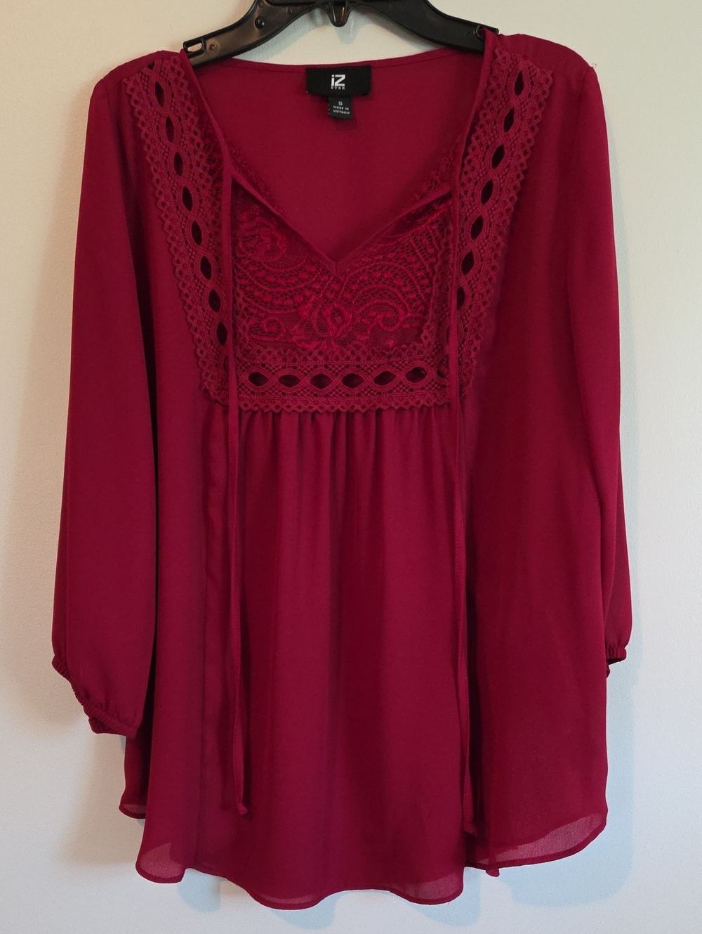 Iz Byer Berry Red Crochet V-Neck Peasant Blouse